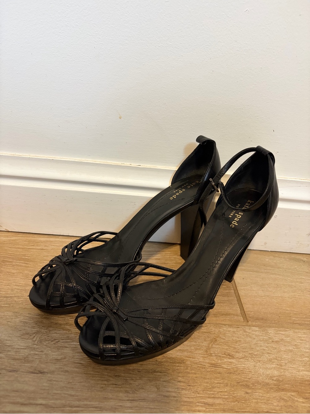 kate spade Black Strappy Peep-Toe Block Heels